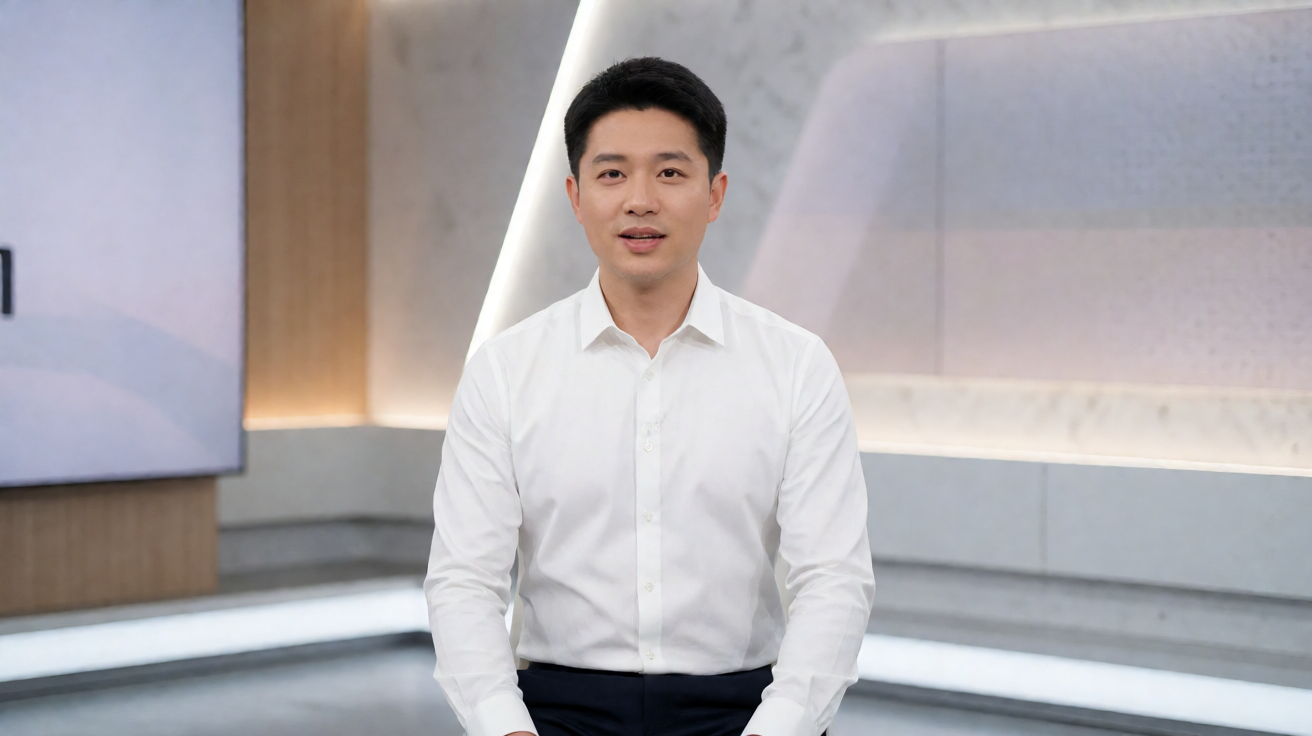 OB视讯专业演播人员，背景为现代化演播室环境